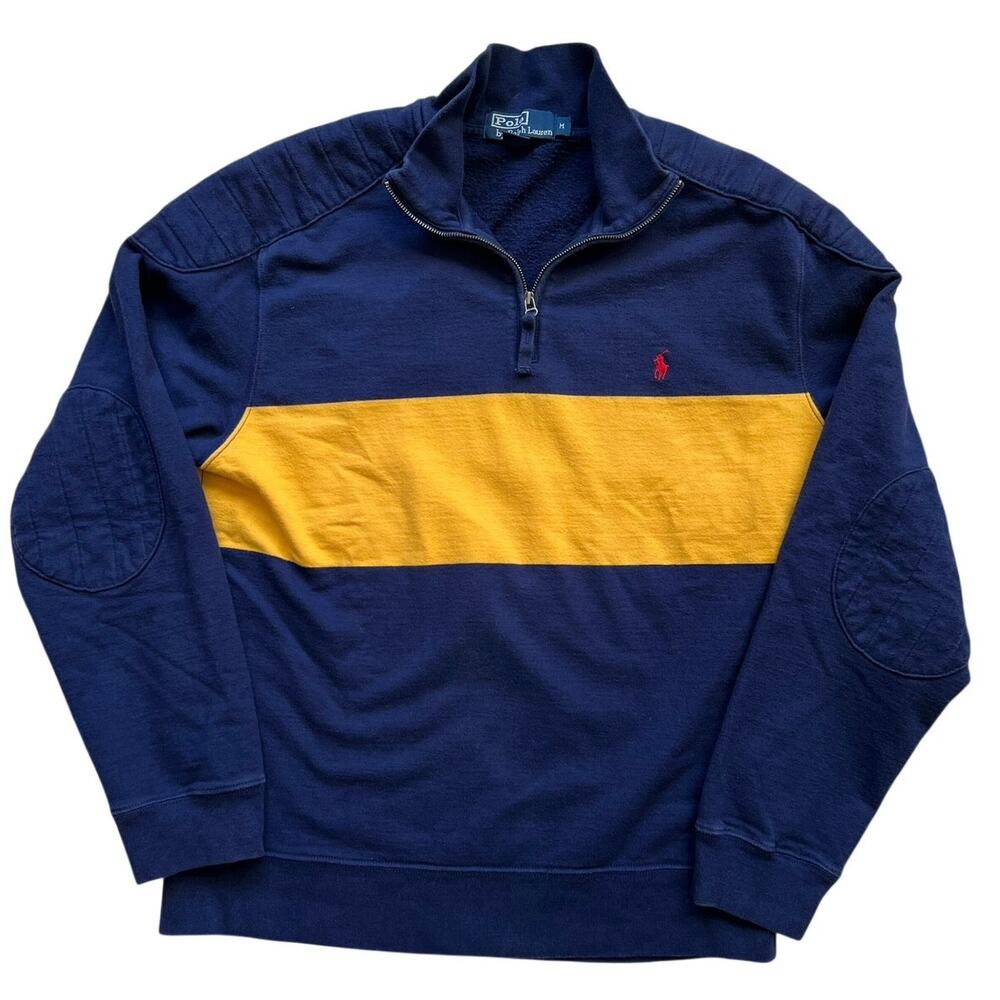 Vintage Polo Ralph Lauren 1/4 Zip Navy Yellow Stripe Elbow Patch M Peru